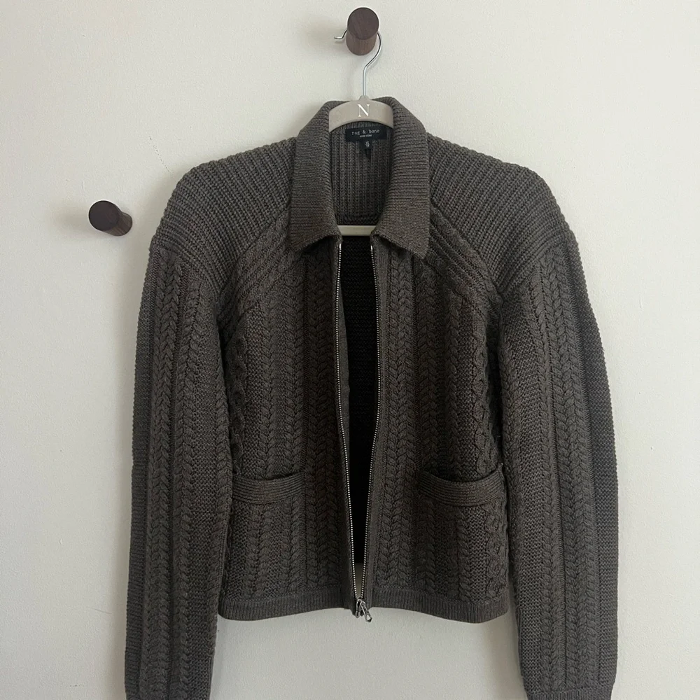 Rag & Bone Merino Wool Kerry Cardigan Zip-Front Cable Knit Sweater Jacket - Picture 4 of 8